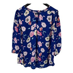 Kaari Blue Women's Floral Blouse 2X Curvy 3/4 Sleeve Keyhole Blue Pink